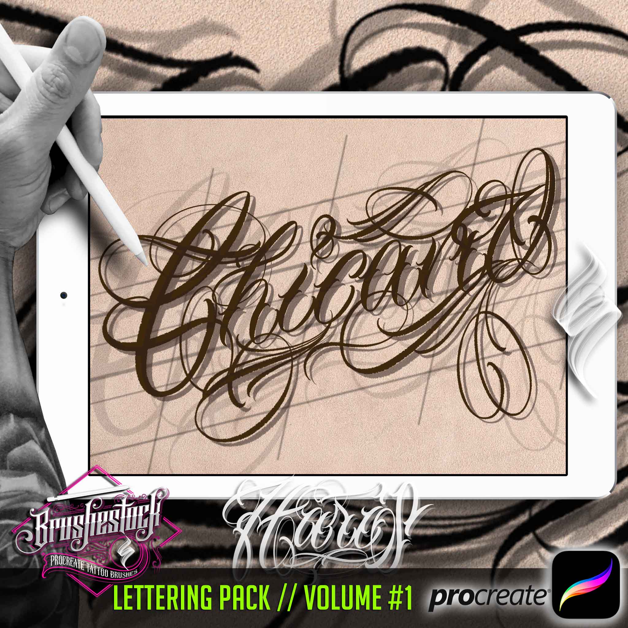 218 Chicano Lettering Tattoo Brushes in this Brushset Pack Volume 1 for Procreate app on iPad – Brushestock